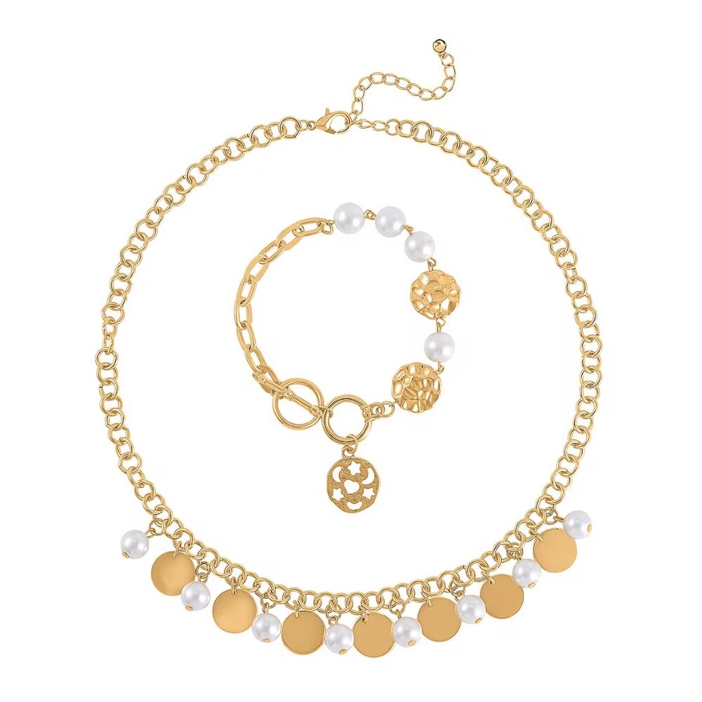 NEW Simulated Pearl Necklace 20-22" and Bracelet 8" 2 Piece Set in Goldtone